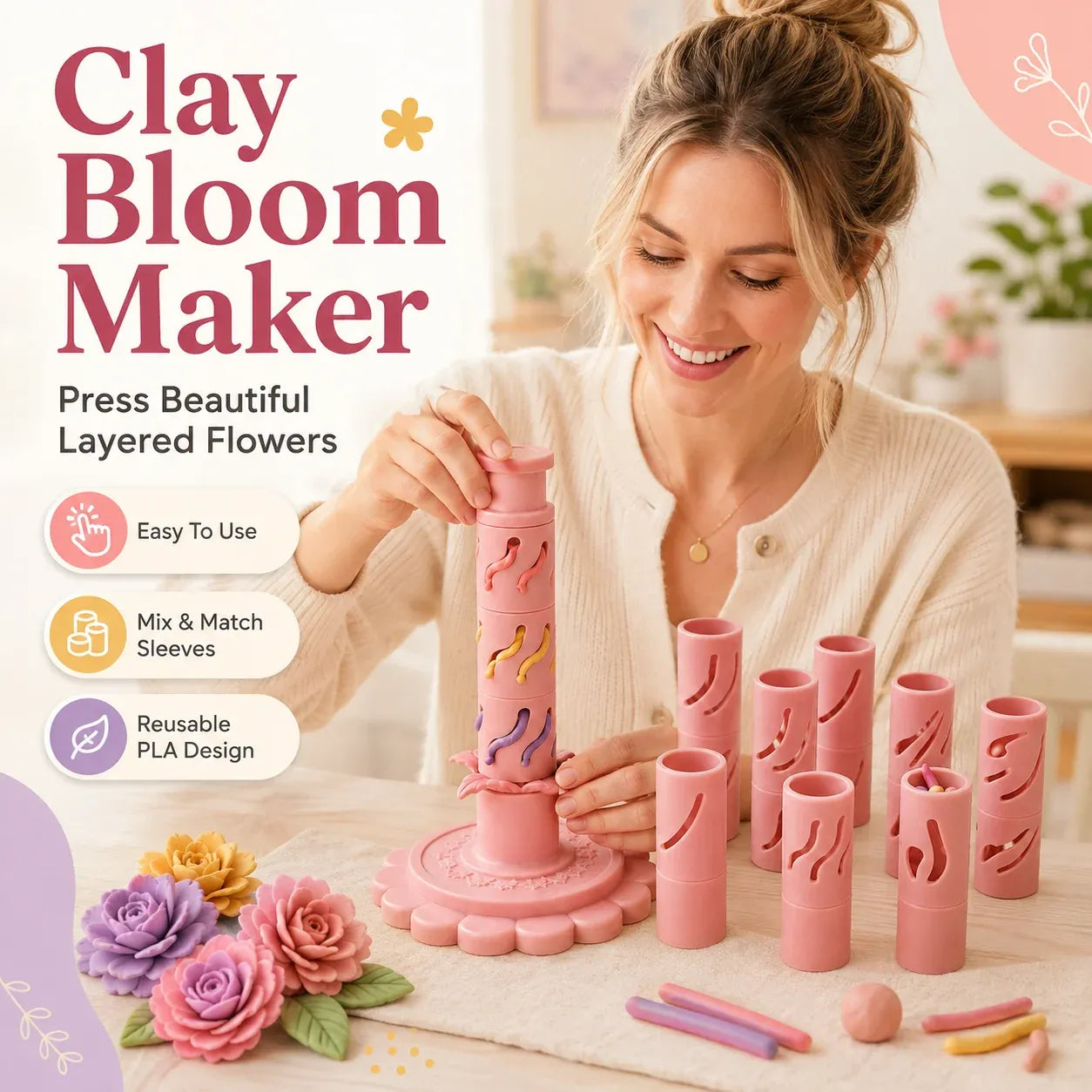 ⏳ Last Day 49% OFF – 🌸 Beginner-Friendly Clay Bloom Maker Set | Reusable 3D-Printed Flower Shaping Tool with Interchangeable Sleeves & 24-Color Modeling Clay Included ✨