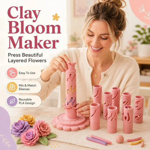 ⏳ Last Day 49% OFF – 🌸 Beginner-Friendly Clay Bloom Maker Set | Reusable 3D-Printed Flower Shaping Tool with Interchangeable Sleeves & 24-Color Modeling Clay Included ✨