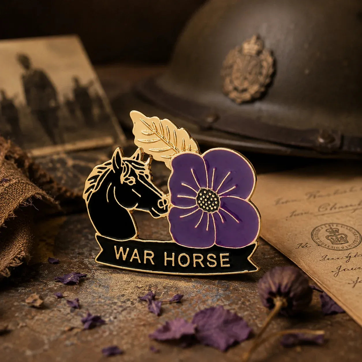 🐴 111th Anniversary War Horse Purple Poppy Remembrance Brooch | Meaningful Memorial Keepsake with Antique-Inspired Details for Veterans, Horse Lovers & History Collectors 💜