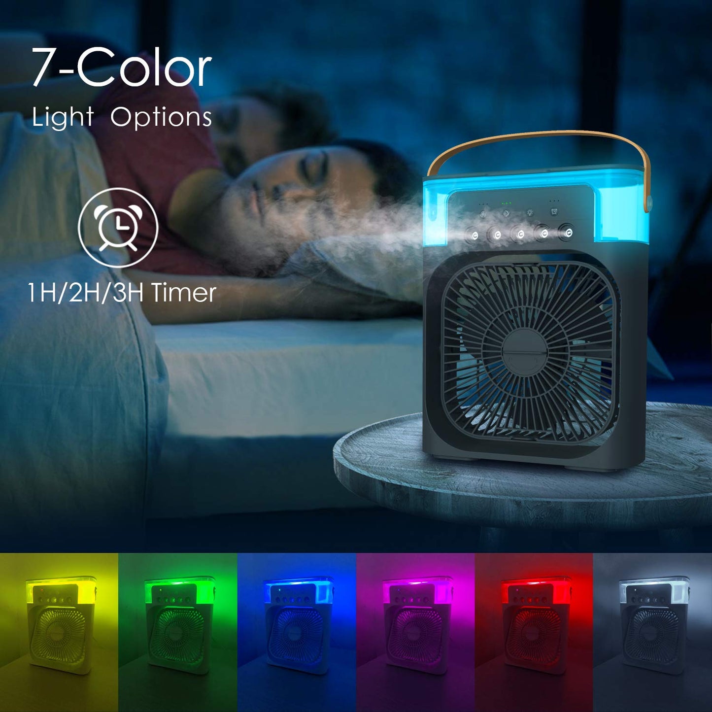 Portable Air Cooler Fan with 5 Spray Misting & 7 Color LED Night Light