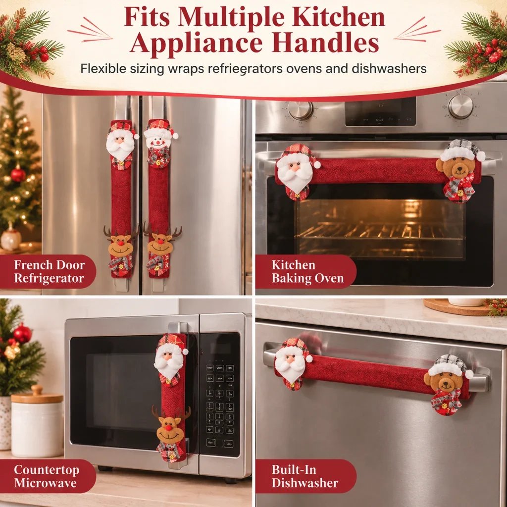 🎅🎄4PCS Plush Christmas Handle Covers – 40 cm Textured Linen Wraps with Snug Fastening for Fridges, Ovens, Dishwashers & Microwaves 🎁