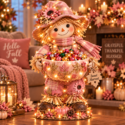 🍂 Lighted Scarecrow Candy Bowl | Harvest Table Decor