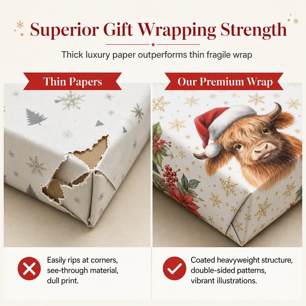 Christmas Highland Cow and Floral Gift Wrapping Paper Roll 43x500cm Holiday Present Wrap
