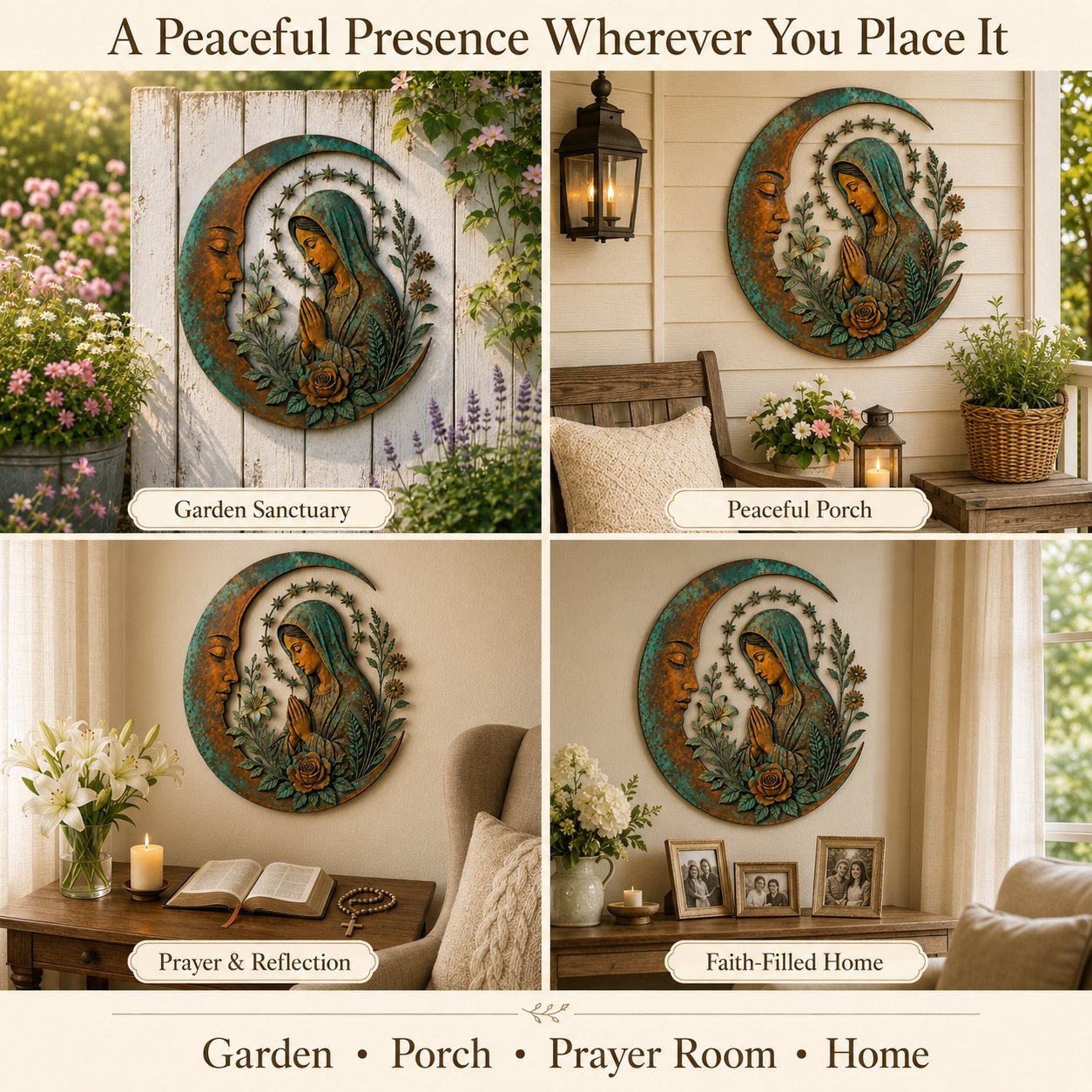 🌙 Crescent Moon Marian Botanical Metal Wall Art | Layered Virgin Mary, Raised Roses & Stars with Turquoise Patina and Copper-Tone Finish ✨