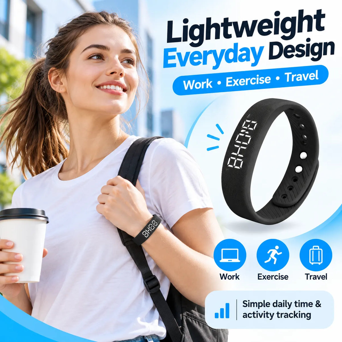 ⌚ Smart Fitness Band – Steps, Vibration Alarms & USB Charging