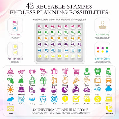 📅 Reusable Desk Calendar with 42 Self-Inking Event Stamps & 23 Replaceable Pages