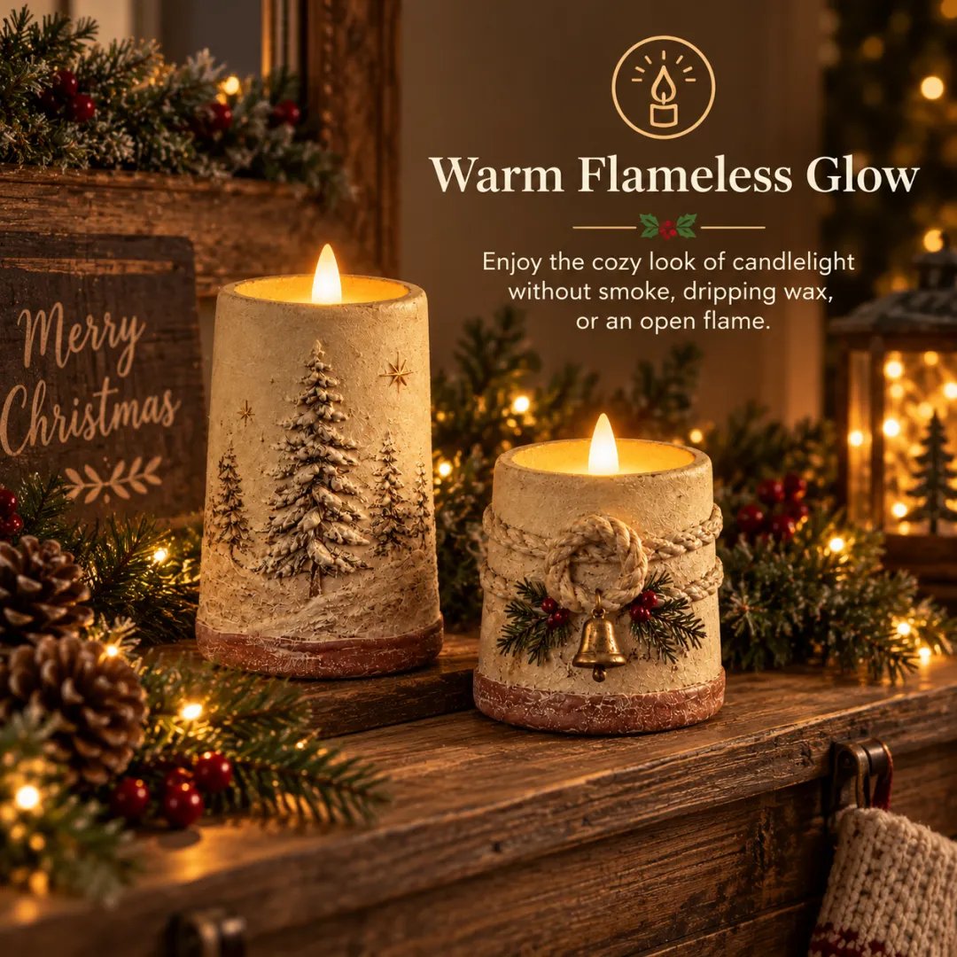 Rustic Christmas Flameless LED Candle Décor – Set of 2