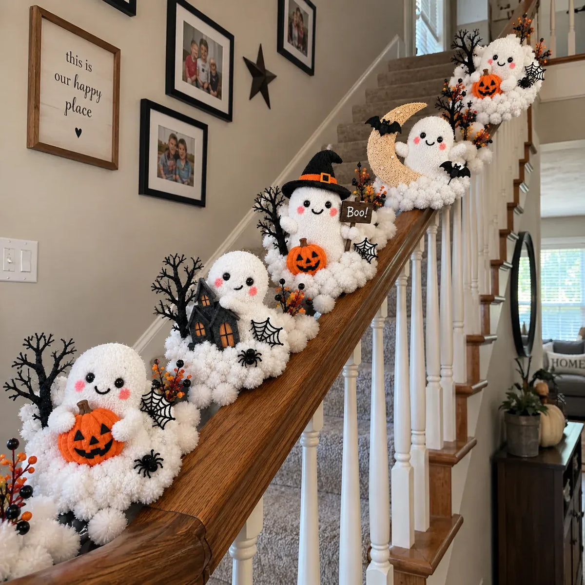 ⏳ Last Day 49% OFF – 👻 Glowing Ghost Staircase Decor | 5 Playful Halloween Characters for Railings, Mantels & Entryways 🎃
