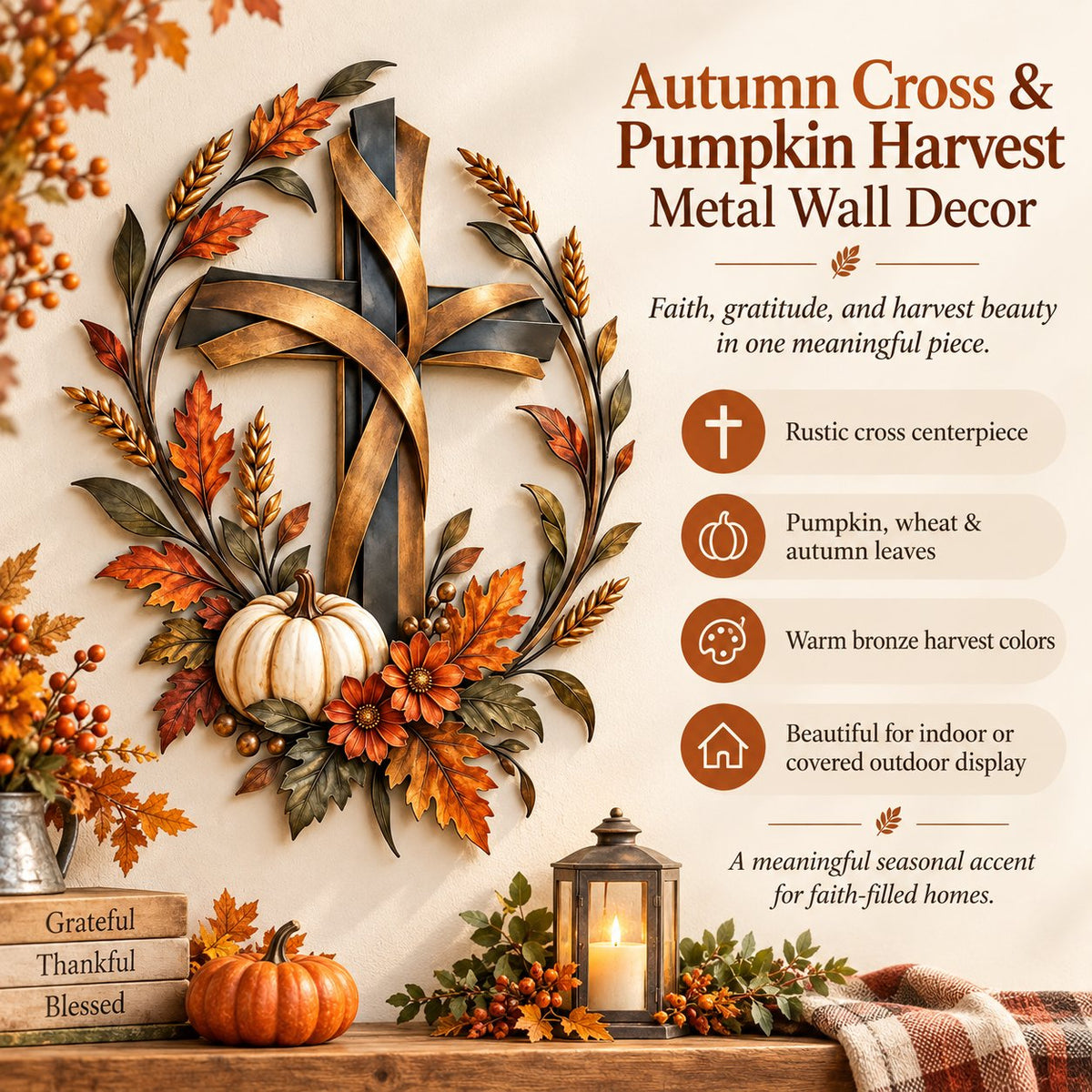 Autumn Cross & Pumpkin Harvest Metal Wall Decor