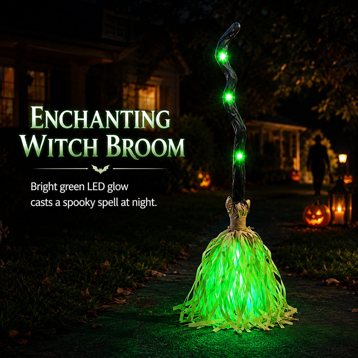 Animated Moving Witch Broom, Light‐Sound‐Motion Halloween Prop to Boost Thrill for Your Indoor & Outdoor Party Decor