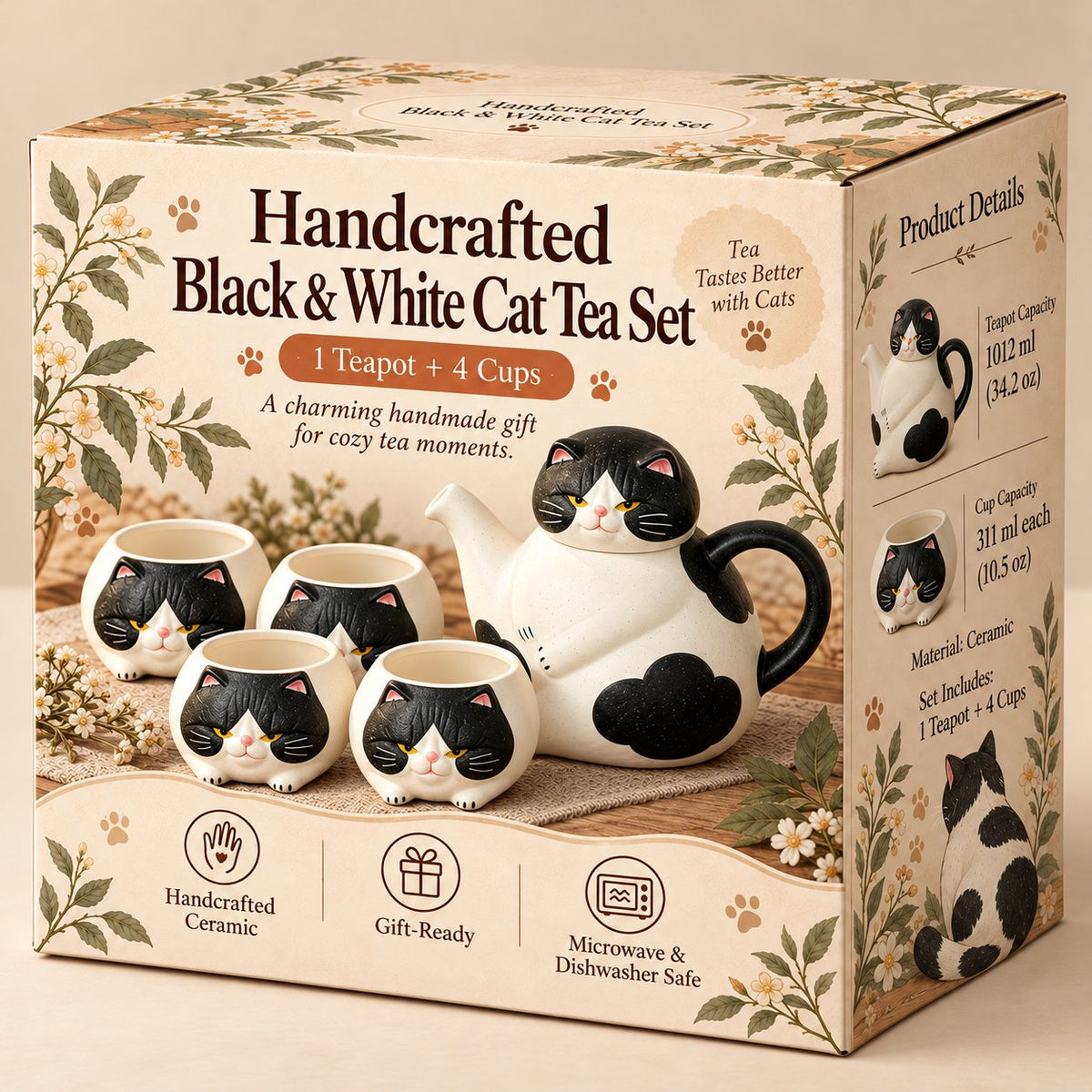 Handcrafted Calico Cat Teapot & Cup Set