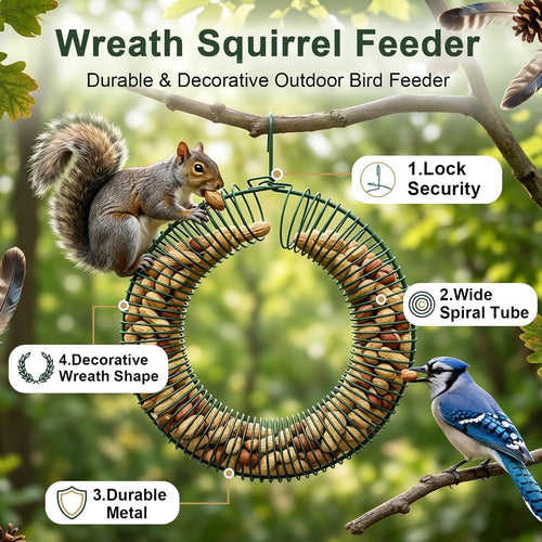Hanging Peanut Wreath Bird Feeder, Metal Round Feeder for Outdoor Birds & Squirrels Feeding, Whole Peanut Ring Bird Feeder with Hanging Hook, Rustproof & Weatherproof