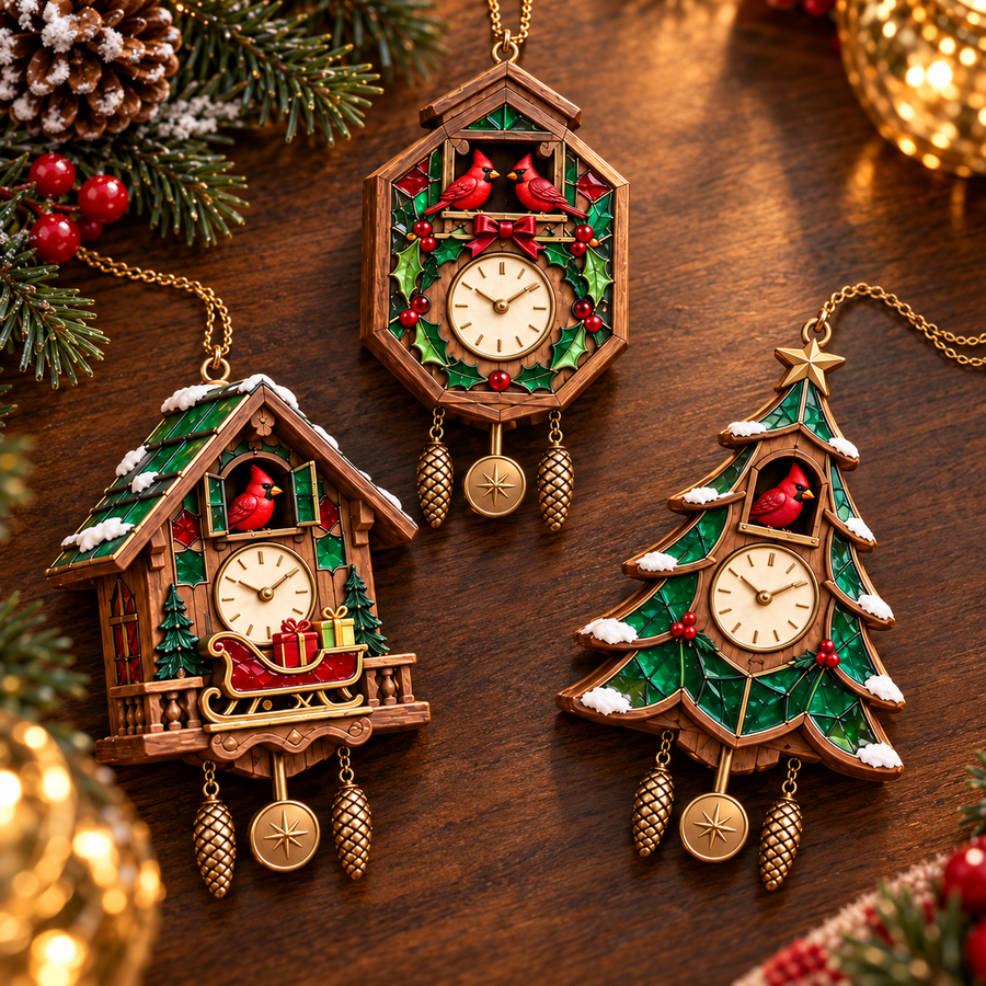 Close-up of red cardinal cuckoo clock ornaments with pinecone pendants