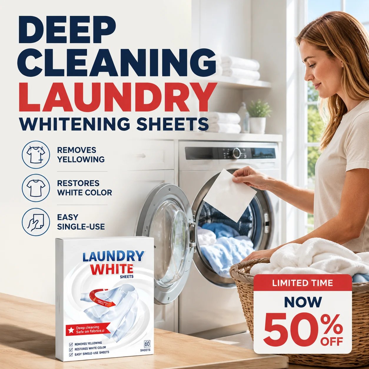 📍 Deep Cleaning Laundry Whitening Sheets ✨🧺 Powerful Stain Remover Brightening Fabric Laundry Cleaning Sheets