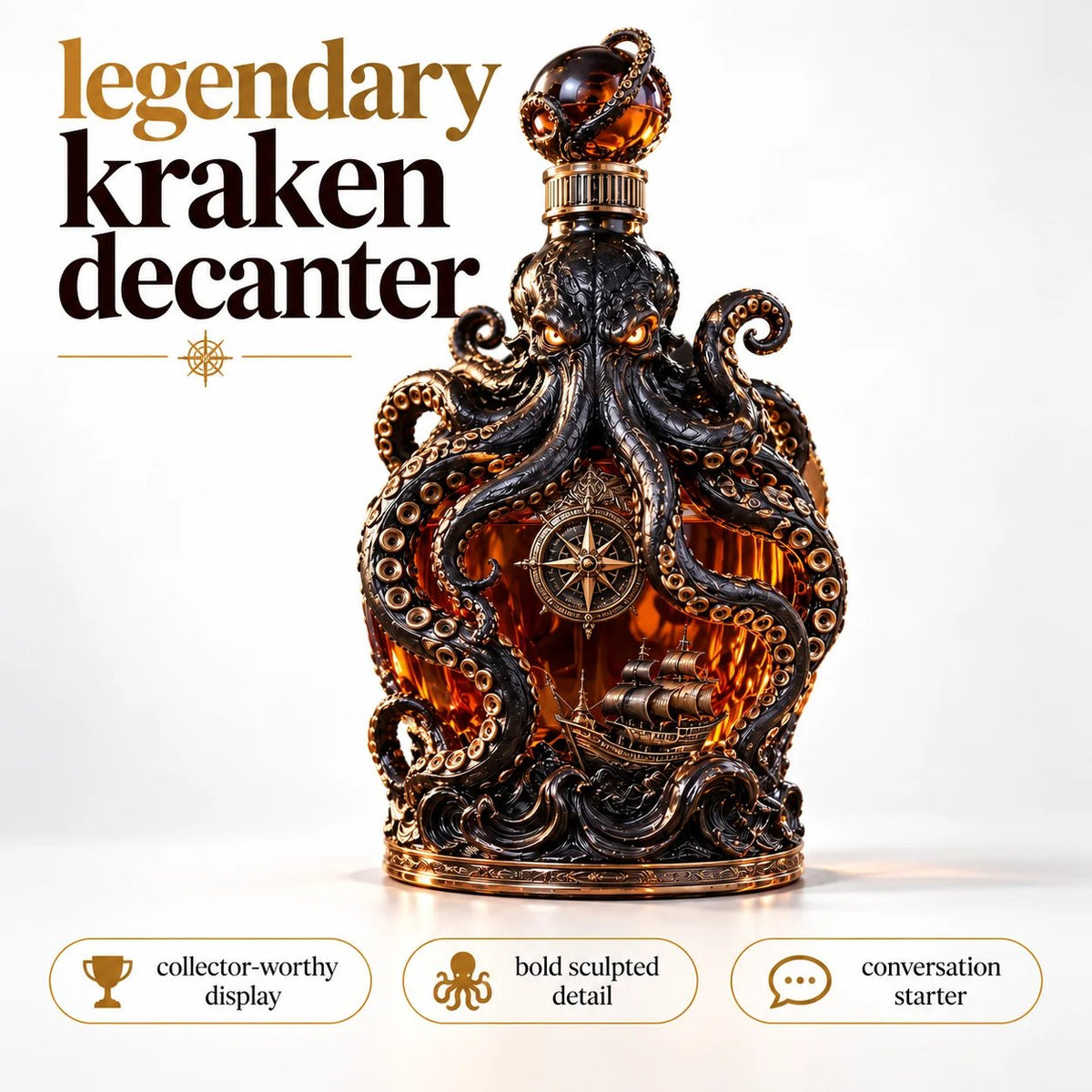 🐙 Dark Abyss Kraken Decanter | Sculpted Nautical Collector Bottle
