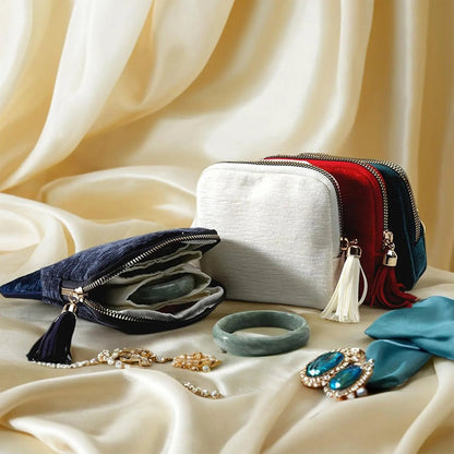 2 PCS jewelry zippered pocket case Travel Jewelry Bag Portable Organizer with 5 Compartments Velvet Satin Lining Tassel Zipper