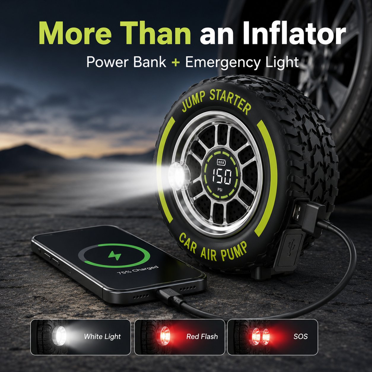 2-in-1 Portable Tire Inflator & 12V Emergency Jump Starter