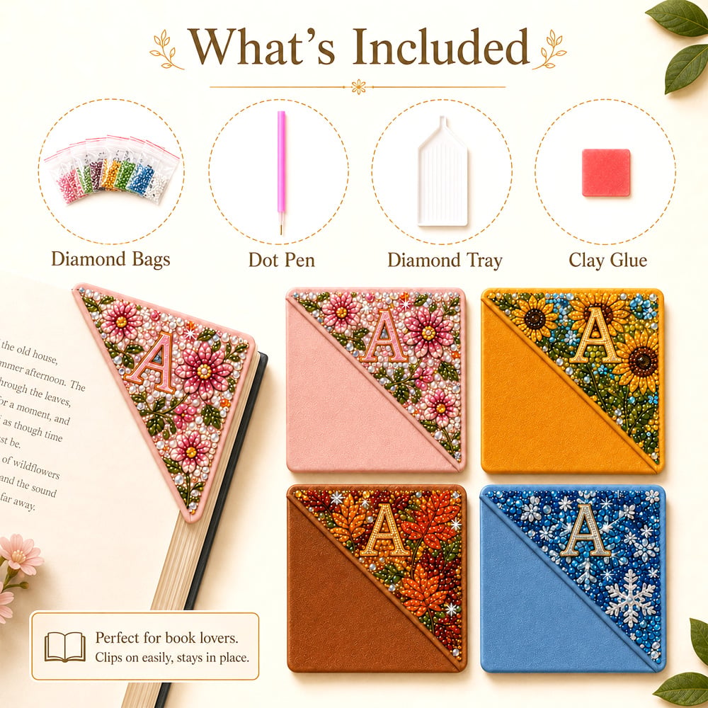 📚 LAST DAY 49% OFF – ✨ Four Seasons Personalized Initial Diamond Painting Corner Bookmark Kit | 4 Faux-Leather Page Corner Bookmarks with A–Z Initial, Scratch-Resistant Non-Fading Resin Diamonds DIY Handmade Seasonal Reading Decor 💎