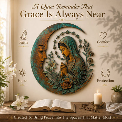 🌙 Crescent Moon Marian Botanical Metal Wall Art | Layered Virgin Mary, Raised Roses & Stars with Turquoise Patina and Copper-Tone Finish ✨