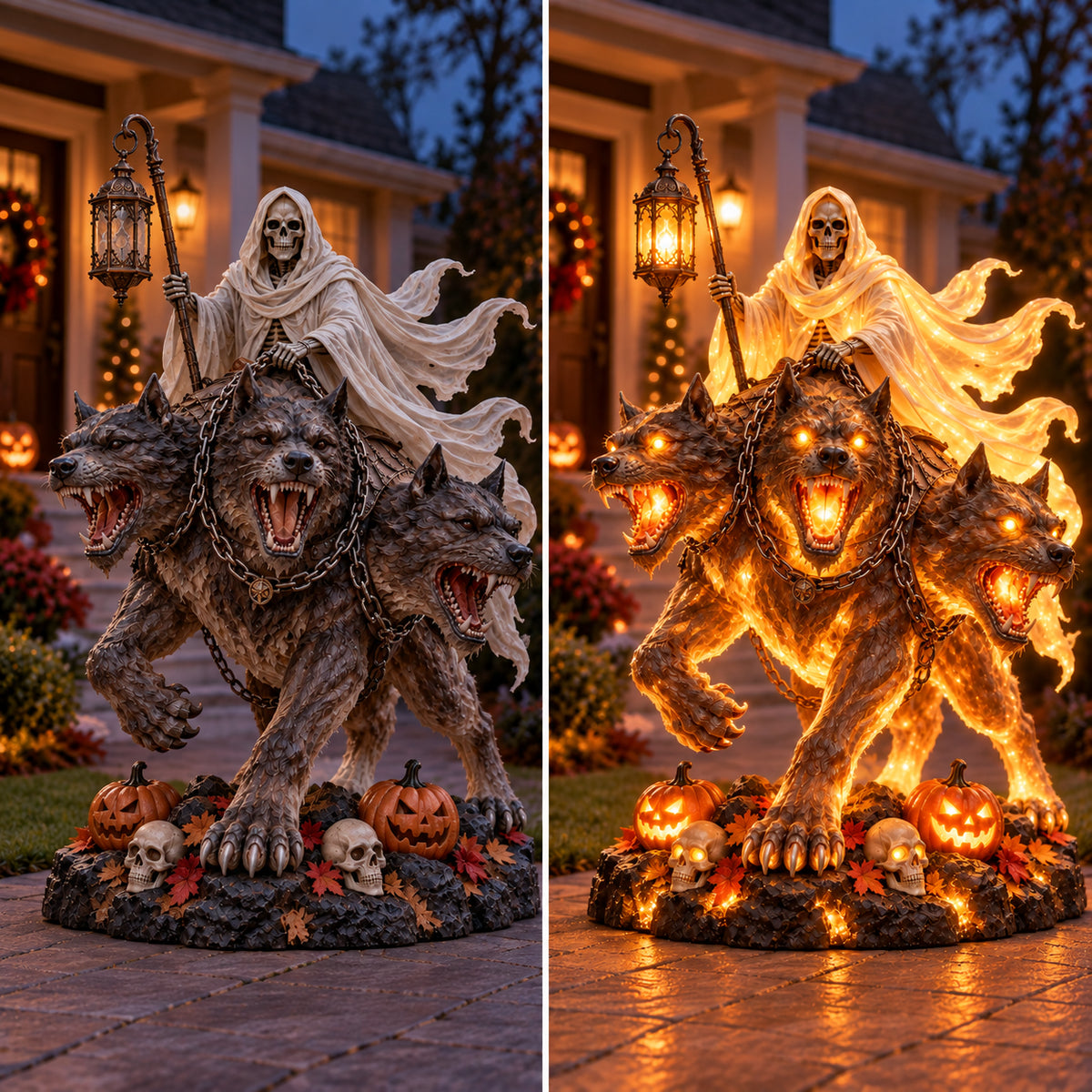 💀🔥 Cerberus Grim Reaper Lighted Statue | Three-Headed Hellhound Halloween Guardian with Lantern