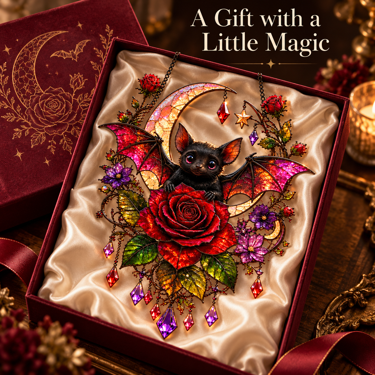 Bat rose crescent moon hanging ornament presented as a gothic romantic gift