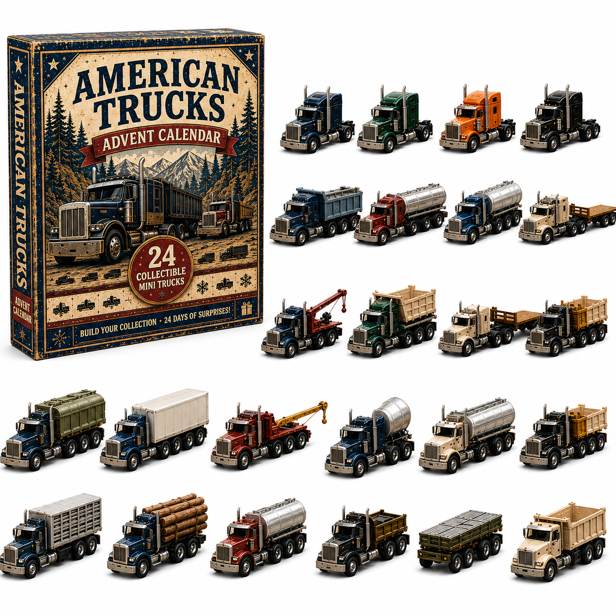 🚚American Trucks Advent Calendar 2026 – 24 Days of Collectible Mini Truck Surprises, Acrylic Charms Blind Box