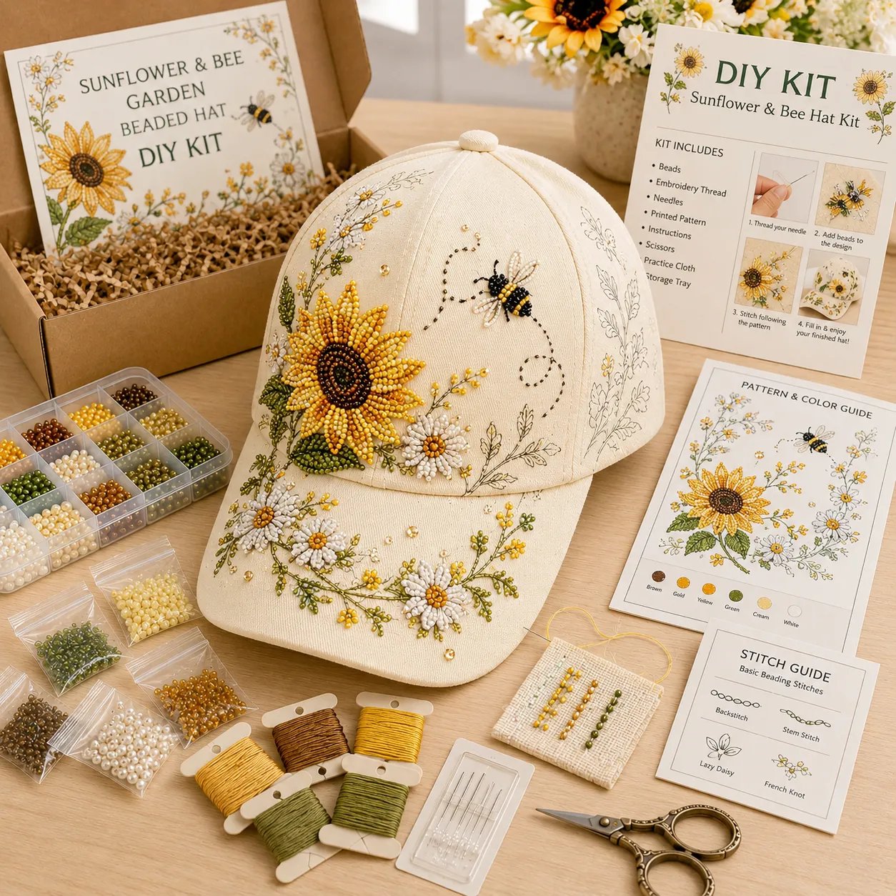 🧢🌸 Premium Hummingbird Garden Beaded Hat DIY Kit | Luxury Flocked Canvas with Scratch-Resistant Non-Fading Pearl Beads DIY Handmade Floral Cap Decor 🌿🪡✨