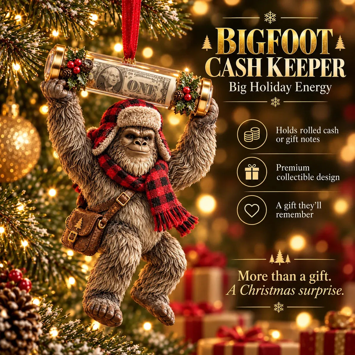 🎄👣 3D Bigfoot Christmas Cash Gift Ornament – Holiday Money Holder Keepsake ✨