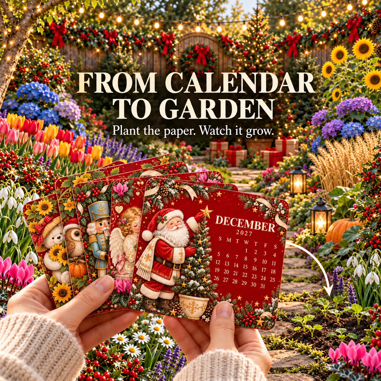 Hands holding calendar cards in a colorful flower garden with calendar to garden message