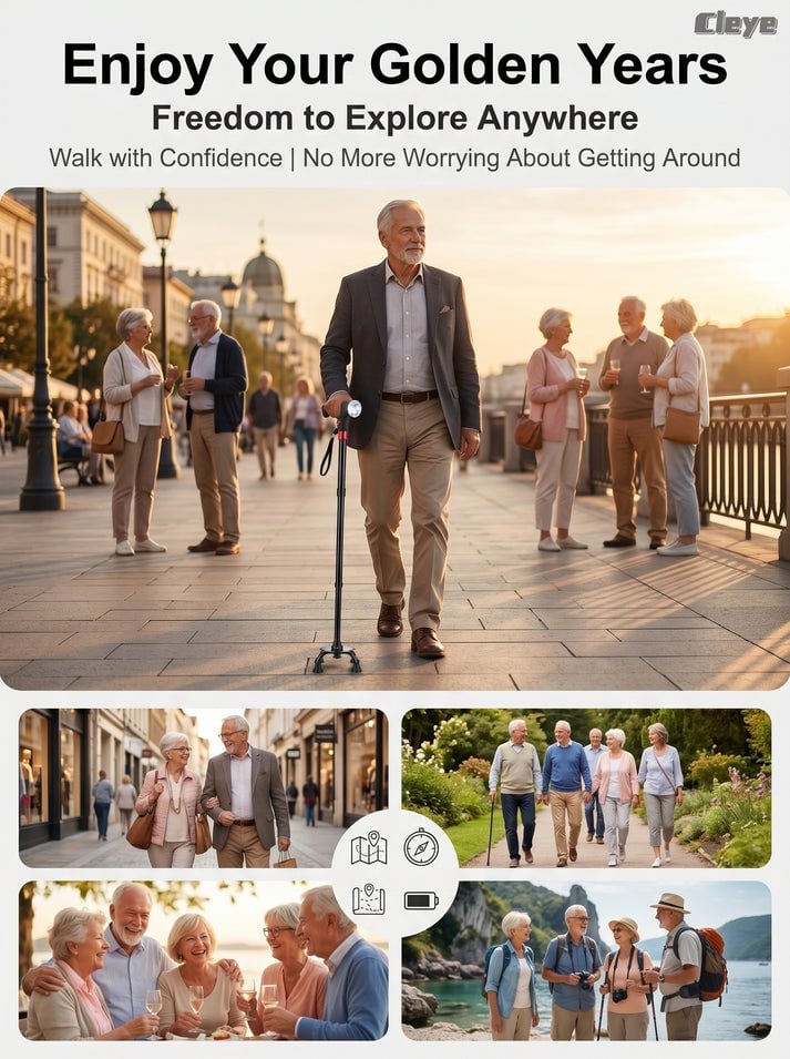 🔥 Must-Have Senior Smart Cane – Foldable Aluminum with LED Light & Quad Anti-Slip Feet