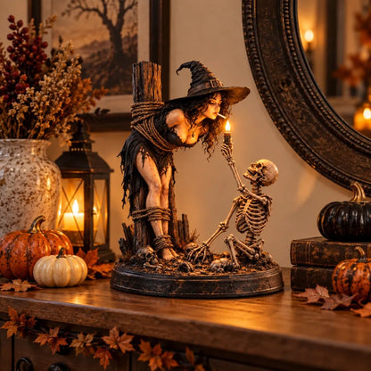 🕯️ Witch & Skeleton Light-Up Figurine | Gothic Halloween Decor