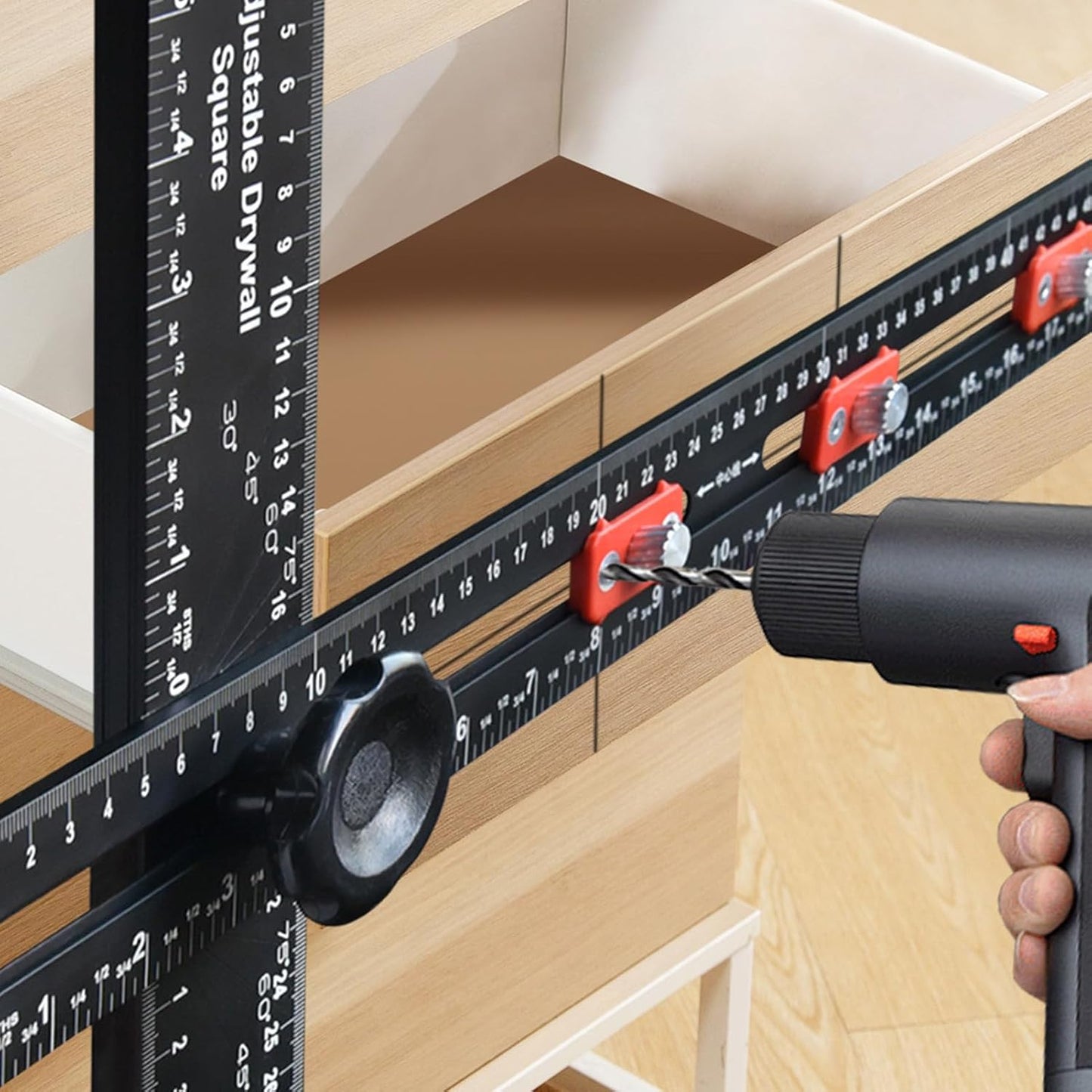 Adjustable 2 in 1 Drilling Positioning Ruler, Cabinet Hardwares Jigs, T Square Ruler Cabinet Handle Jigs Woodworking Ruler
