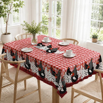 🔥HOT SALE🔥🐓 Farmhouse Rooster Tablecloth – Red Buffalo Plaid Chicken Table Cover, Spill Proof & Scalloped Lace Edge ✨
