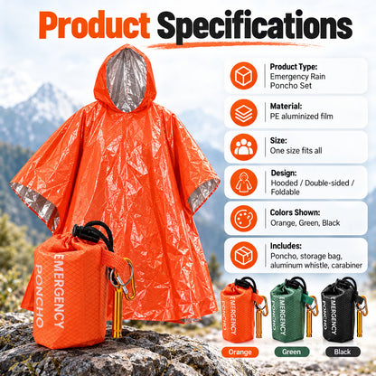 Emergency Rain Poncho Set with Storage Pouch, Aluminum Whistle & Carabiner