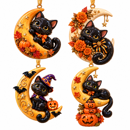 Black Cat Crescent Moon Halloween Ornament -  Spooky-Cute Hanging Keepsake Collection, Festive Halloween Gift for Cat Lovers & Family