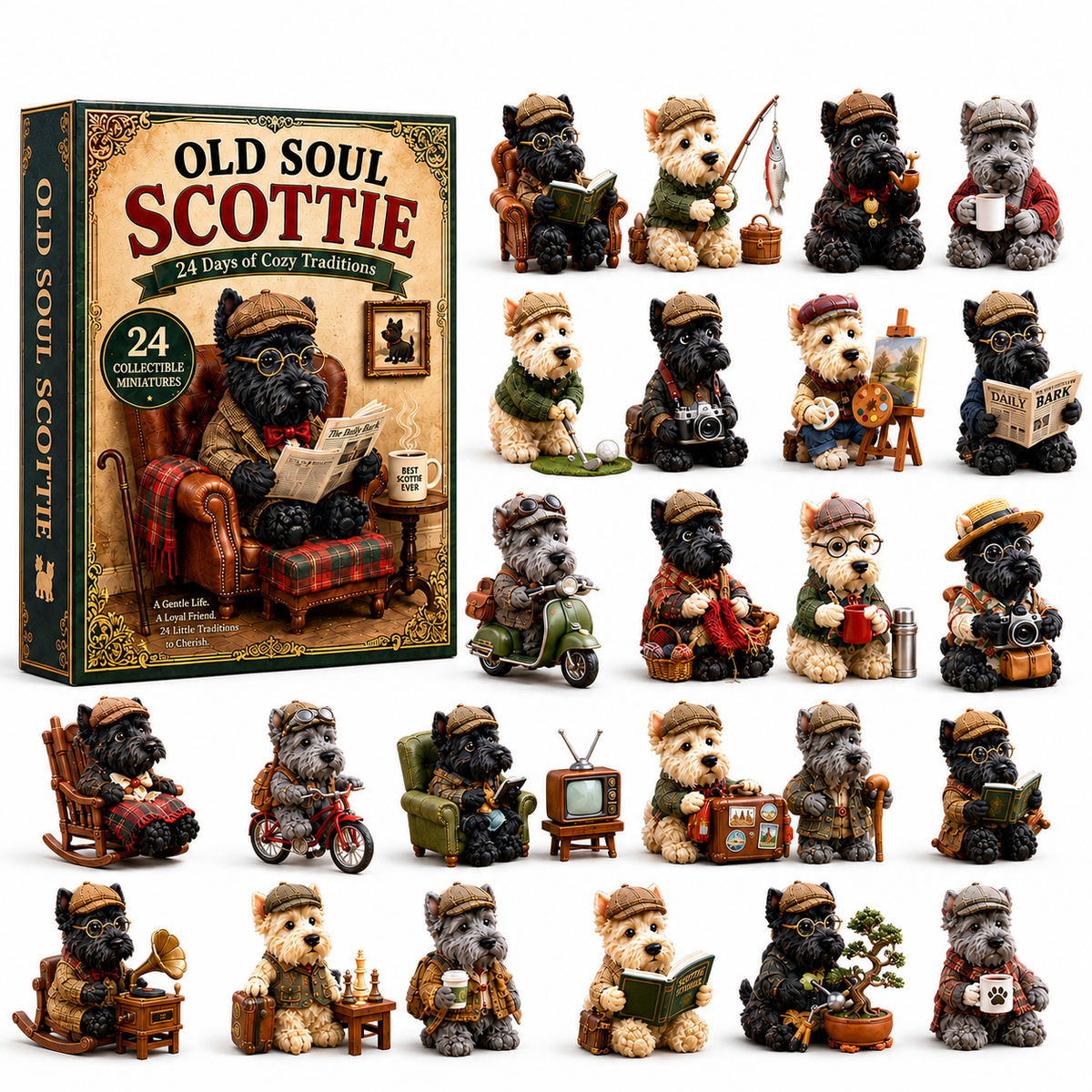 Old Soul Scottie 24-Day Advent Calendar – 24 Adorable Collectible Scottish Terrier Miniatures, Cozy Christmas Countdown Gift for Scottie Lovers & Dog Owners