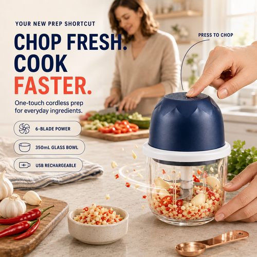 One-Touch Cordless Mini Food Chopper – 350mL Glass Bowl & 6-Blade Power ⚡