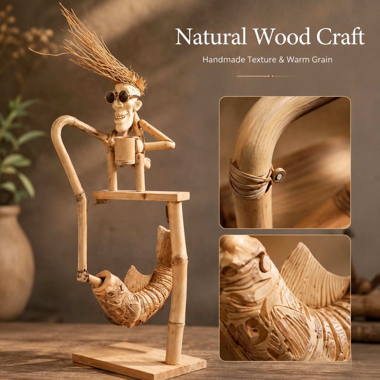 Handcrafted Wooden Ornament: Old Fisherman Angling