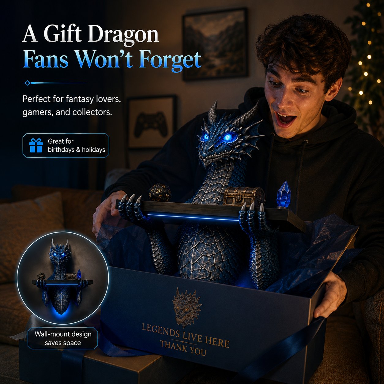 LED Dragon Bust Wall‑Mounted Sculpture Fantasy Themed Wall Decor With Blue Ambient Light For Game Room & Living Space