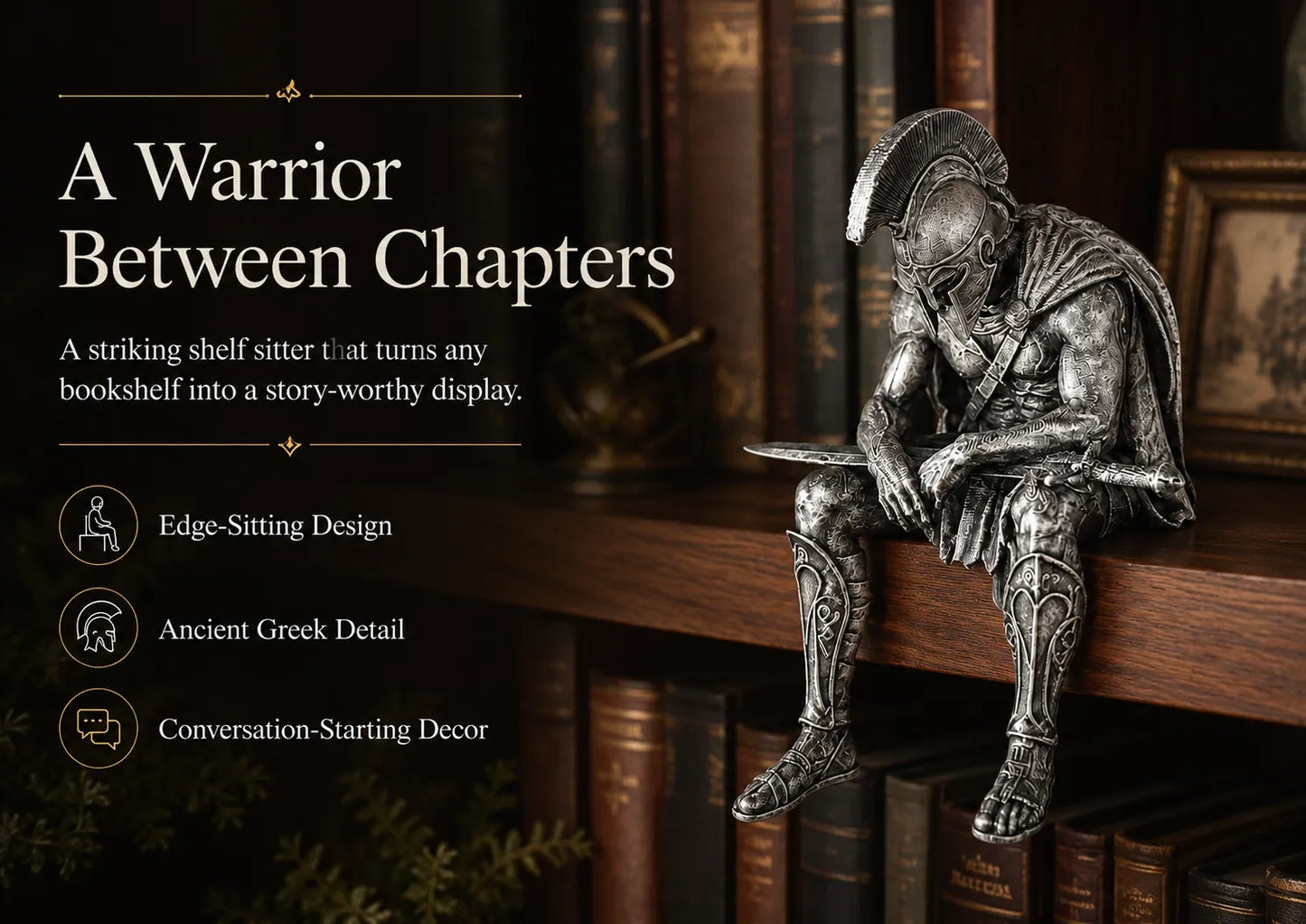Ancient Greek Warrior Shelf Sitter – Unique Bookshelf Decor