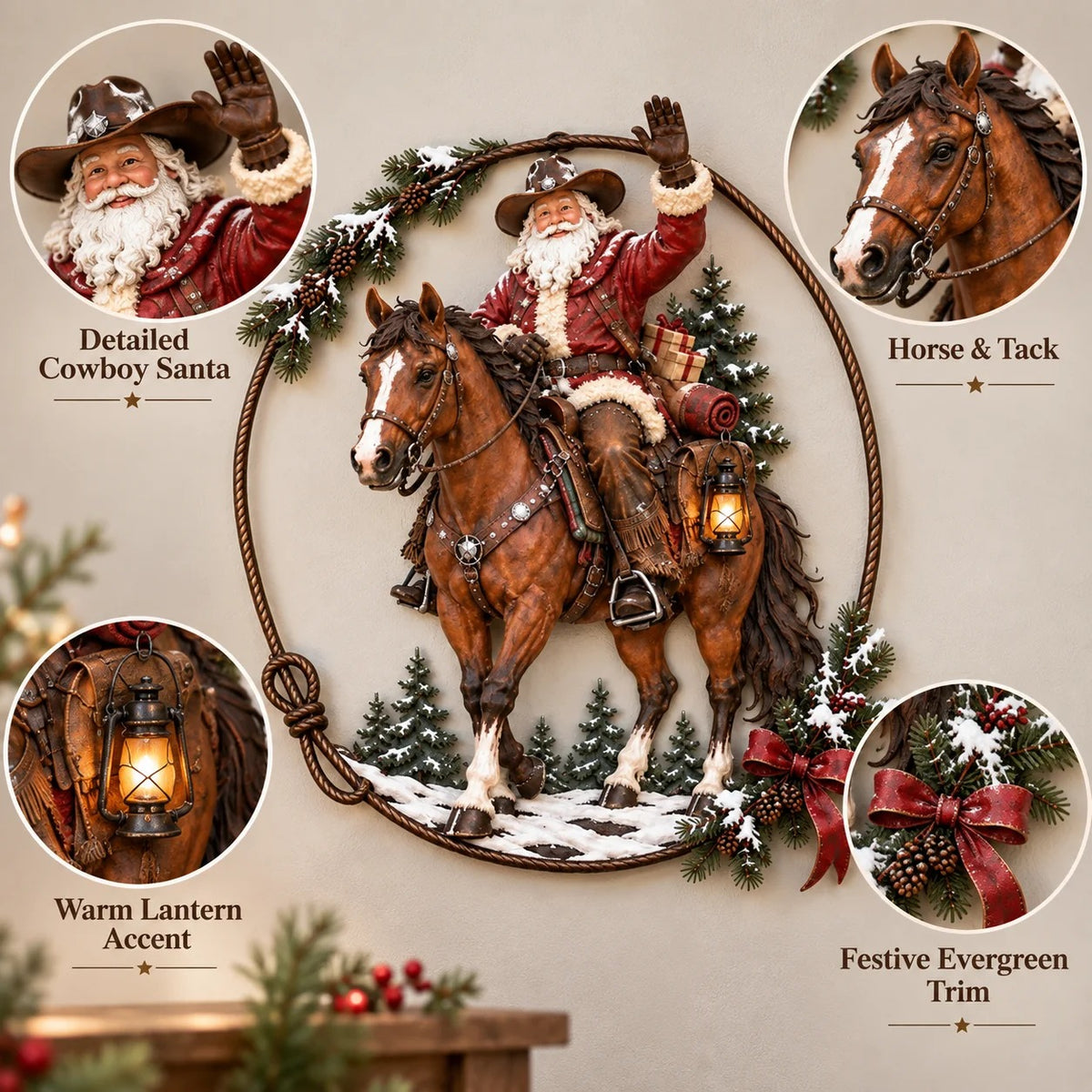 🤠🐎 Cowboy Santa Ranch Christmas Wall Art – Rustic Horse & Lasso Holiday Accent