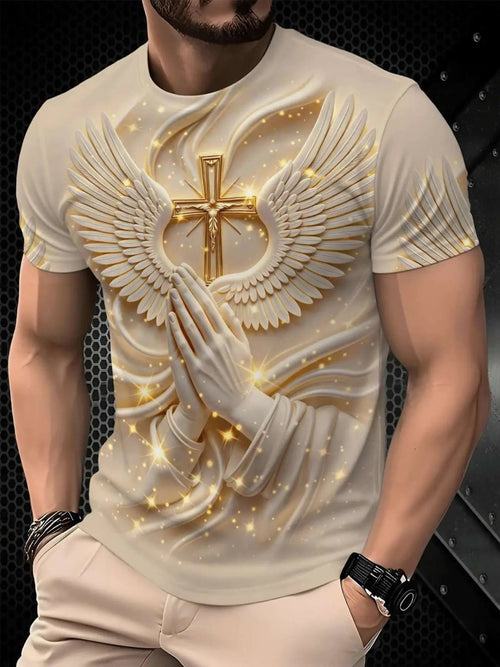 New Religious Prayer Hand Angel Wings Cross Print Men's Round Neck 3D High-Definition Short Sleeve