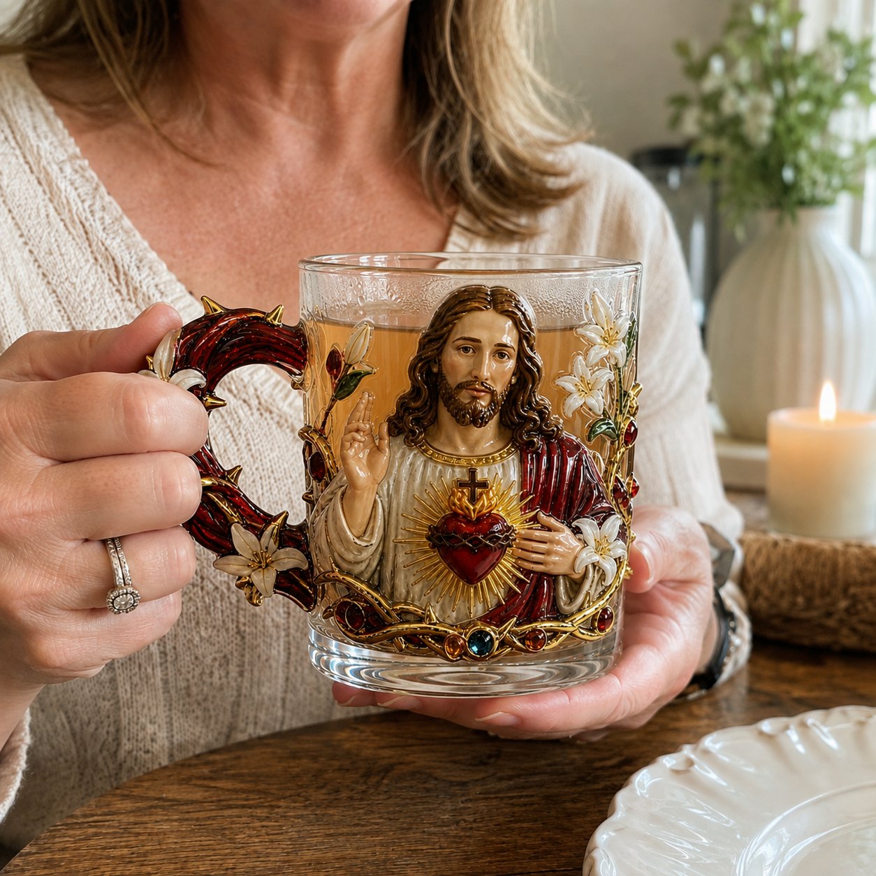 ⏳ Last Day 49% OFF – ✝️ 3D Christian Devotional Glass Mug Collection | 12oz Premium Clear Glass with Raised Jesus & Virgin Mary Figures, Sculptural Details & Jewel-Inspired Accents ✨