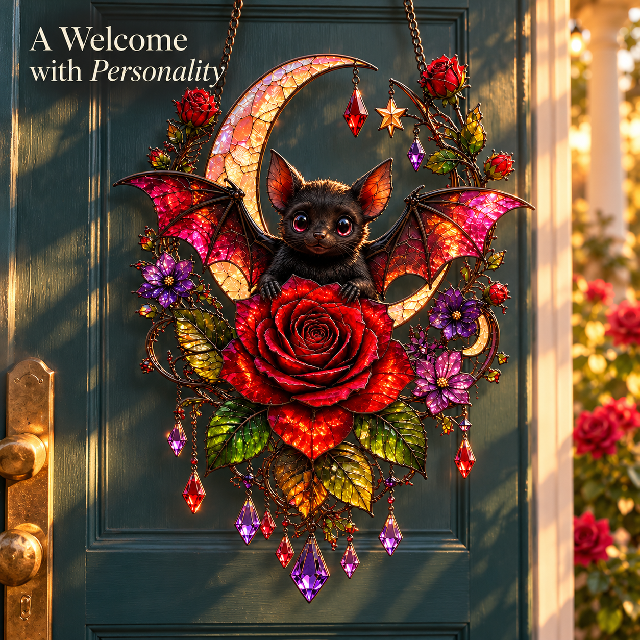 Bat and red rose hanging decor on a dark green front door