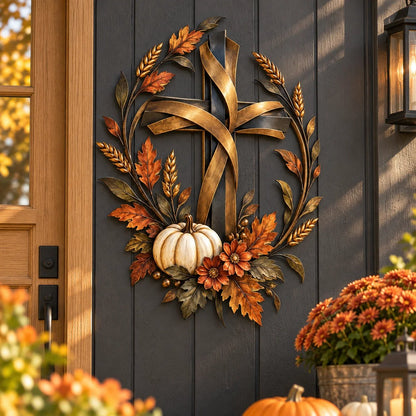Autumn Cross & Pumpkin Harvest Metal Wall Decor