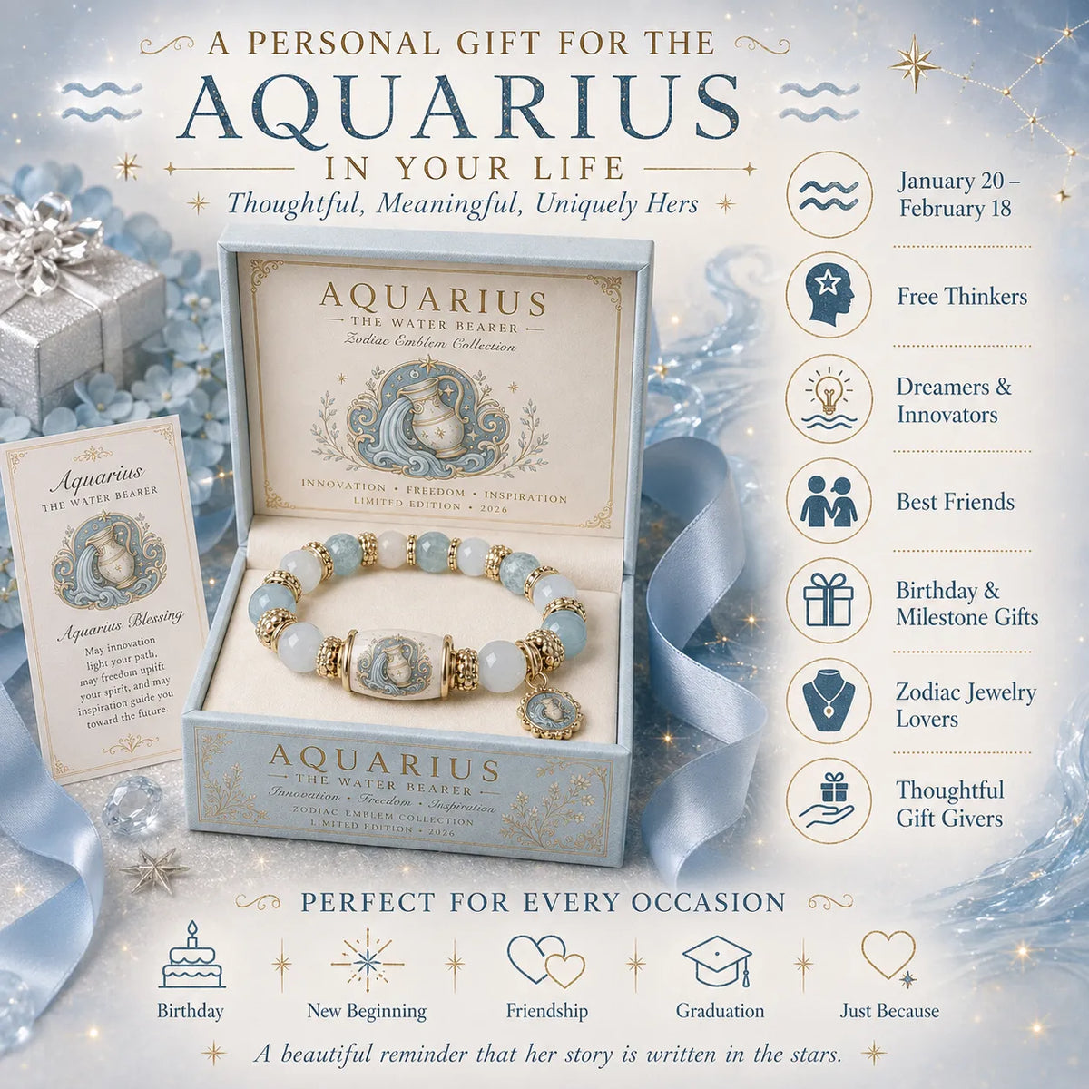 ⏳ Last Day 49% OFF – ♈ 12 Zodiac Natural Chalcedony Bracelet Collection | 10–12mm Gemstone Beads, Symbolic Zodiac Charm, Stretch Fit & Collector’s Gift Box Included ✨
