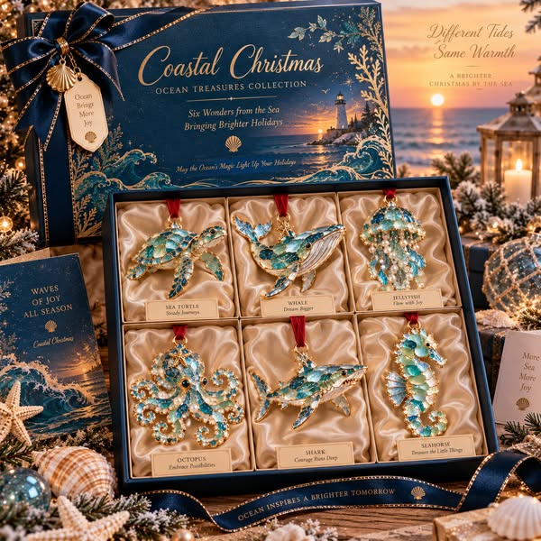 2026 Ocean Christmas Series Sea Glass Ornament Collection – Seahorse, Octopus, Jellyfish, Shark, Sea Turtle & Whale Coastal Holiday Keepsakes