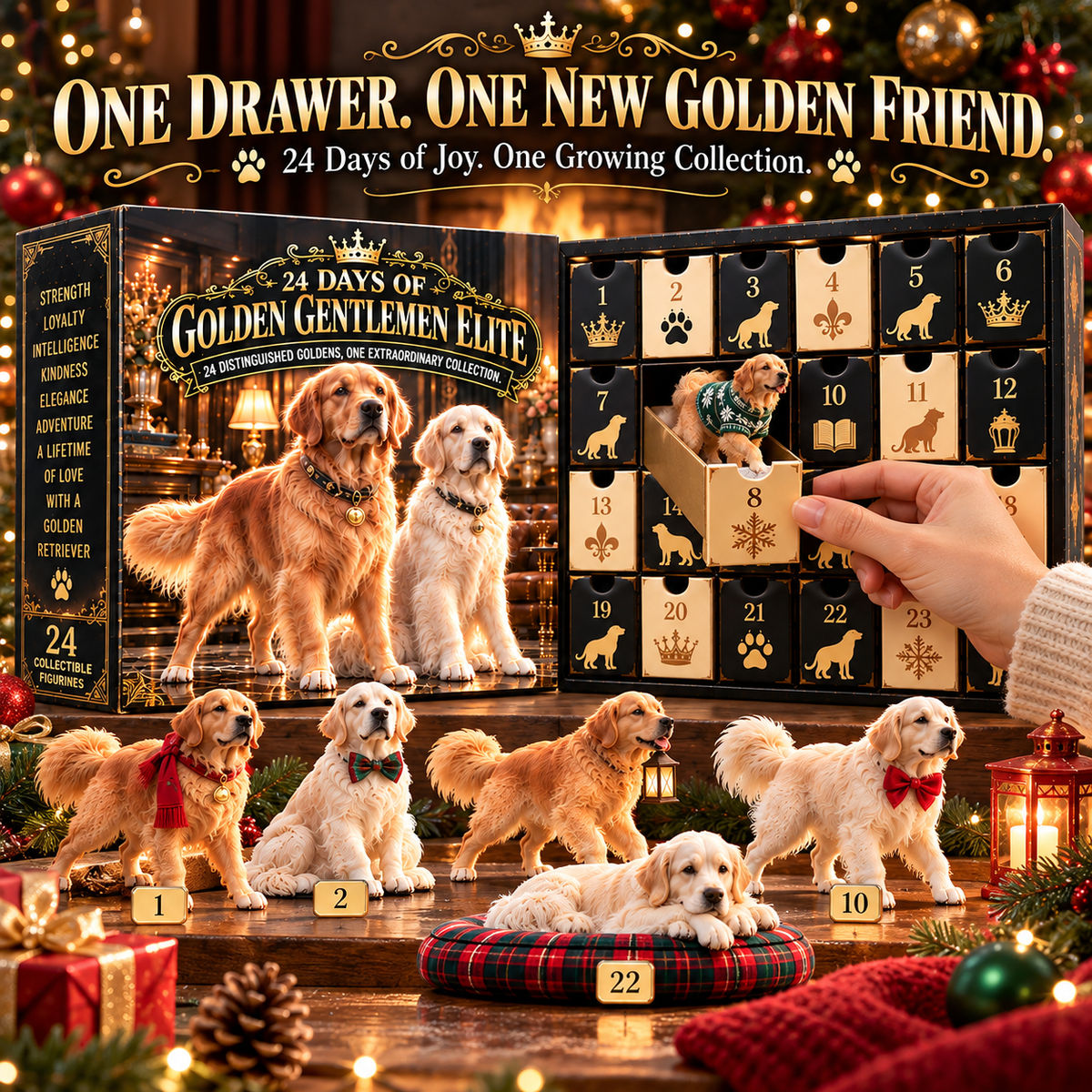 Hand opening a numbered Golden Retriever Advent Calendar drawer