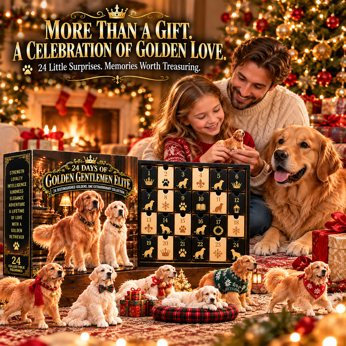 Family with Golden Retriever opening Golden Gentlemen Christmas calendar