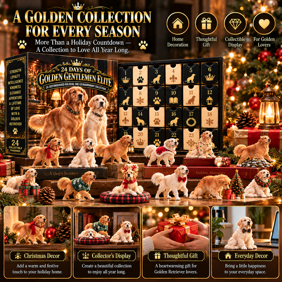 Golden Retriever miniatures arranged in Christmas and year round home displays